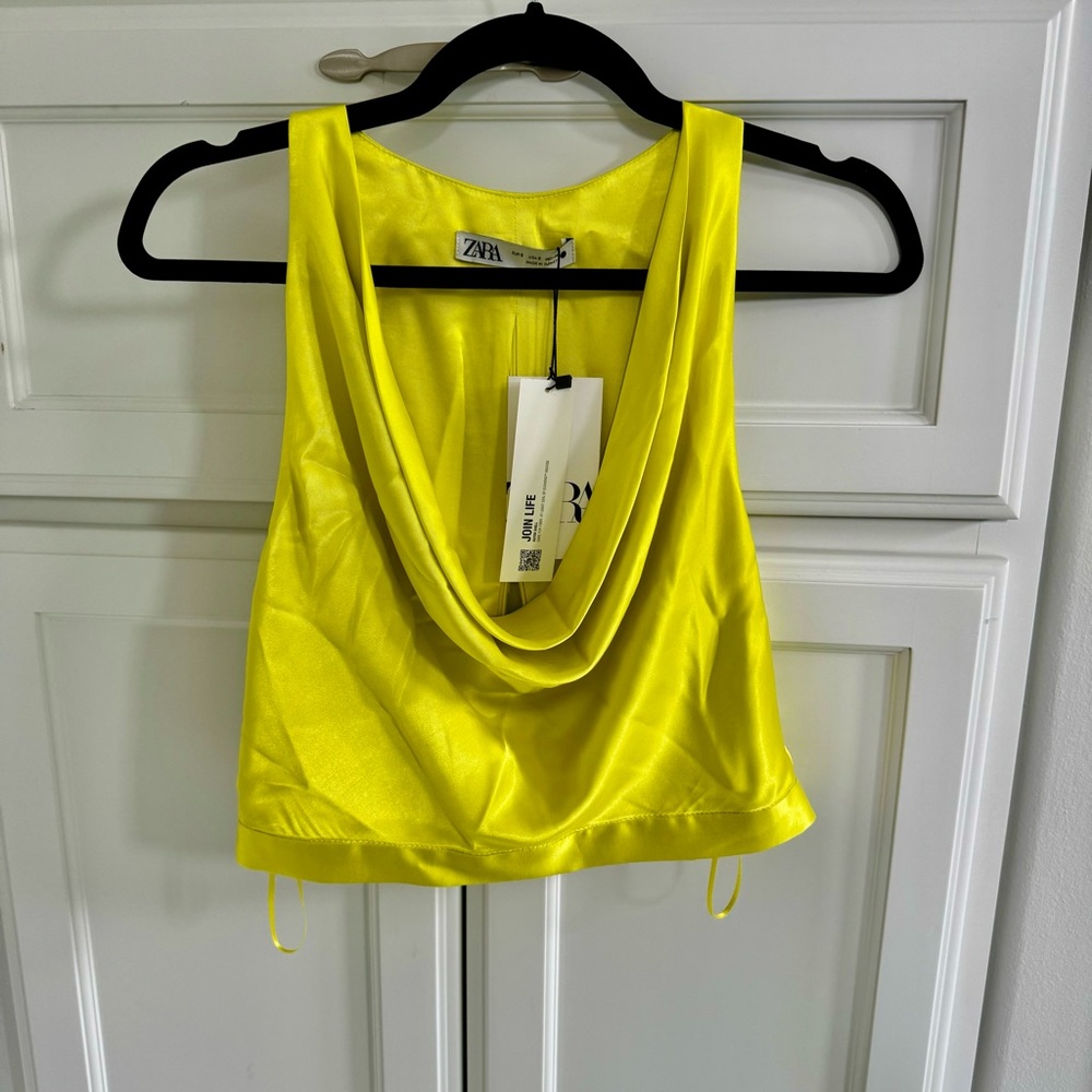 Zara Brand New with Tags Yellow Silky Cropped Cowl Neck Women’s Small Satin Top